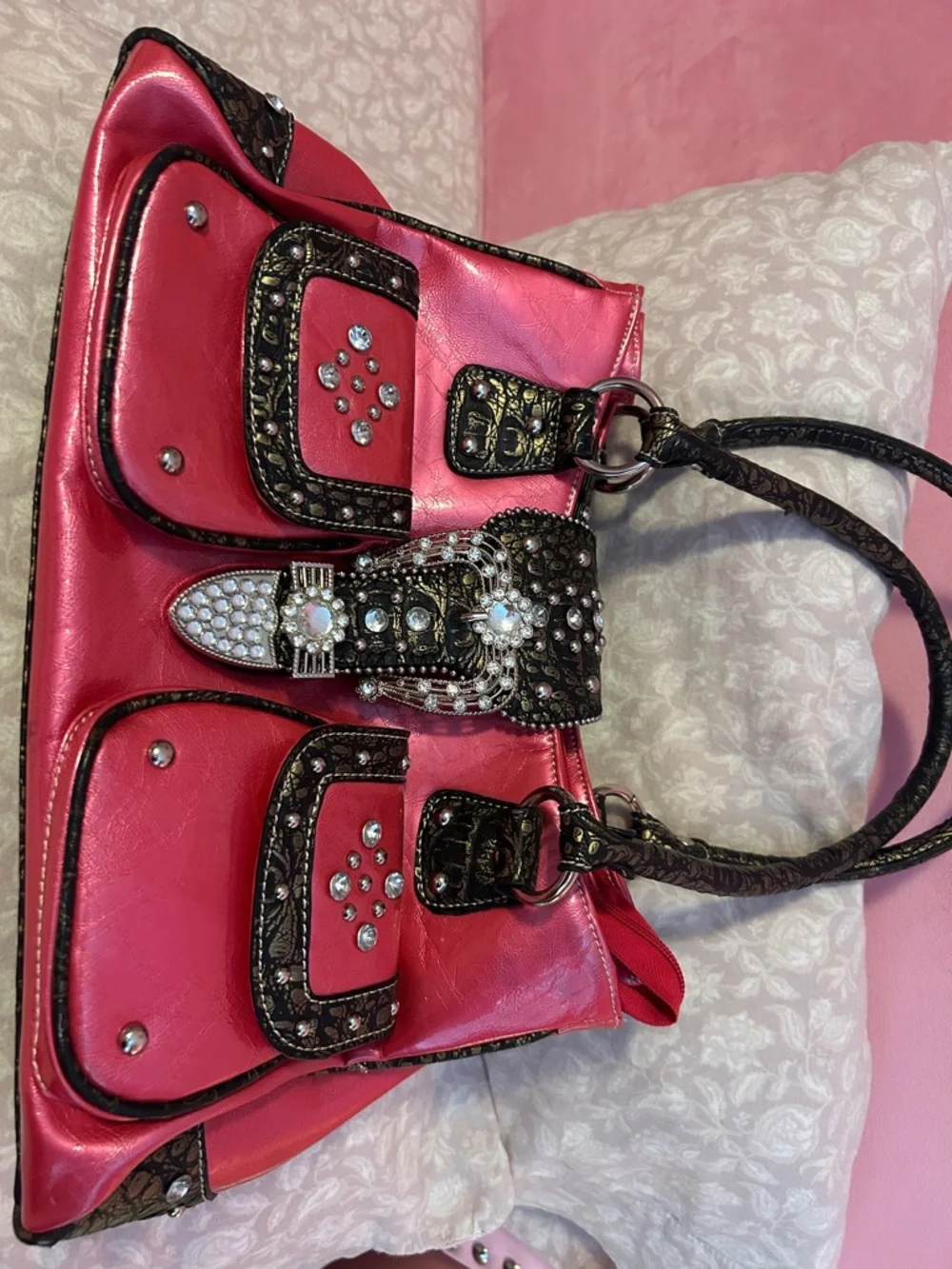 Pink Rhinestone Accent Satchel Handbag - Picture 1 of 7